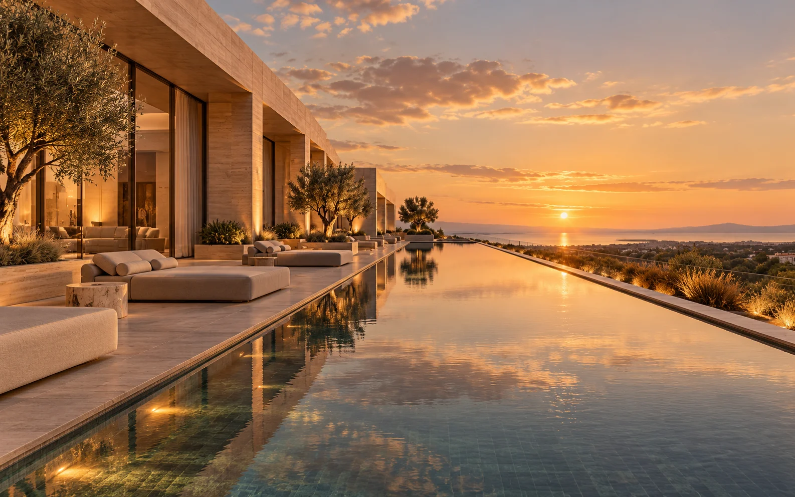 Original concept study of a pool deck at sunset
