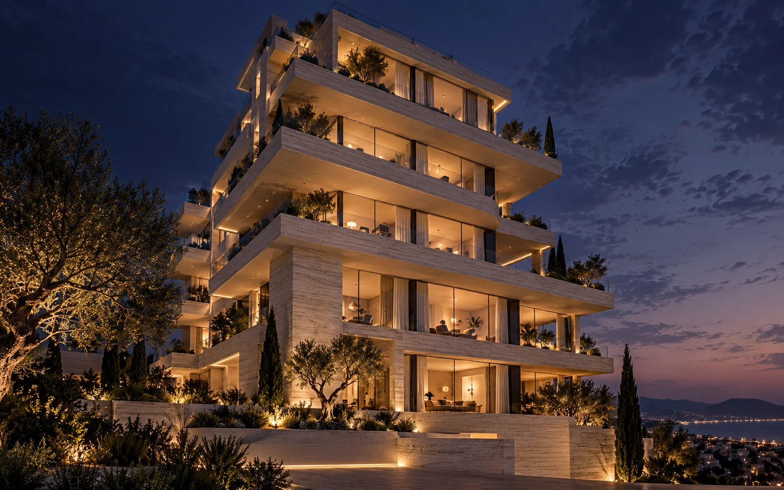 Original Builtloop concept study of a residential tower at dusk