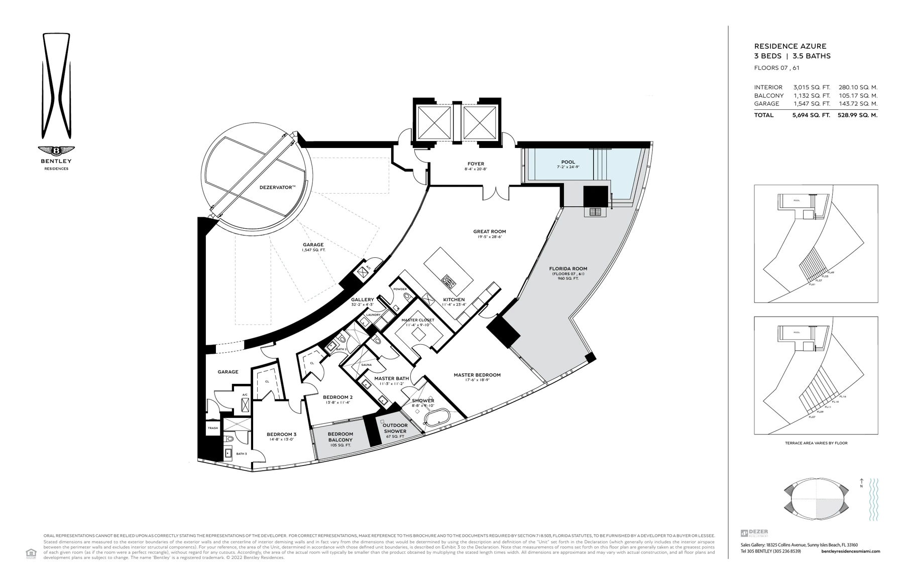 Supplied Bentley Residences Azure floor plan showing three bedrooms, sky garage, curved terrace and pool